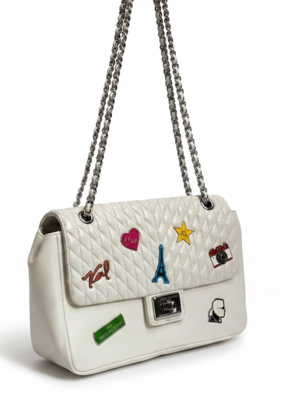 Karl Lagerfeld White Quilted Shoulder Bag with Colorful Patch Appliqués
